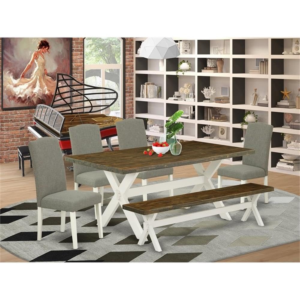 East West Furniture X077En206-6 6 Piece Dining Table Set Contains A Rectangle Kitchen Table With X-Legs And 4 Dark Shitake Linen Fabric Parson Chairs With A Bench, 40X72 Inch, Multi-Color